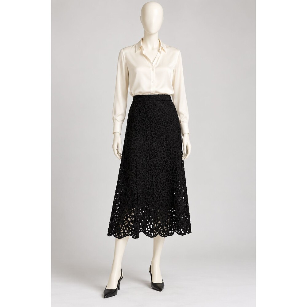 Vince Black Textured Lace Midi Skirt Size 0 Scalloped Hem